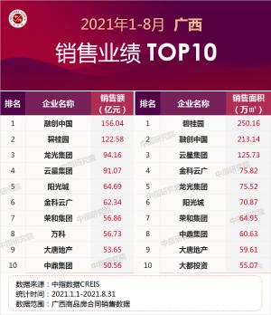 2021年1—8月广西南宁房地产企业销售业绩TOP10
